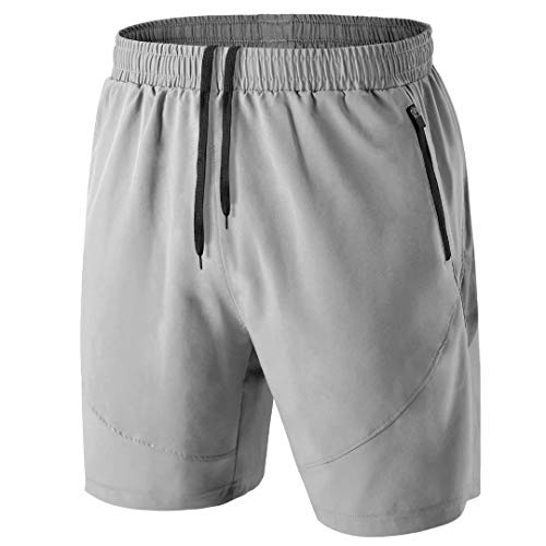 Herren Sport Shorts Kurze Hose Schnell Trocknend Sporthose Leicht mit Reißverschlusstasche(Hellgrau,EU-L/US-M)