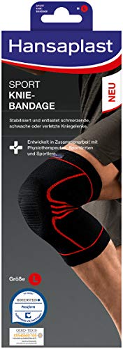 Hansaplast Sport Knie-Bandage, Kniebandage stabilisiert und unterstützt das Gelenk, Bandage mit Patella-Einlage hilft die Kniescheibe zu entlasten, Größe L/XL