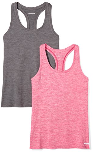 Amazon Essentials 2-Pack Tech Stretch Racerback Tank Top Athletic-Shirts, Charcoal Radiant Raspberry Heather, US S (EU S-M)